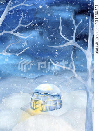Watercolor winter landscape igloo and snow on top. Snowdrift, night sky, snowfall, silhouette of tree. Illuminated Inuit ice house. Snowy scenery for children's book, North, Arctic article, postcard 131380761
