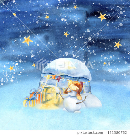 Christmas Inuit night, igloo with snow on top, starry sky, snowfall. Children watercolor illustration, art. Ice house, gift box, garland and snowman. New Year greeting card, decoration, packaging 131380762