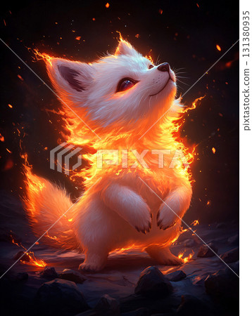 Cute white wolf god with glowing fire energy, capturing the essence of mythical strength. AI Generated. 131380935