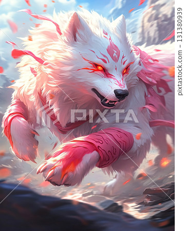 Powerful fantasy wolf with fiery magic. balance of nature and supernatural forces. AI Generated. 131380939