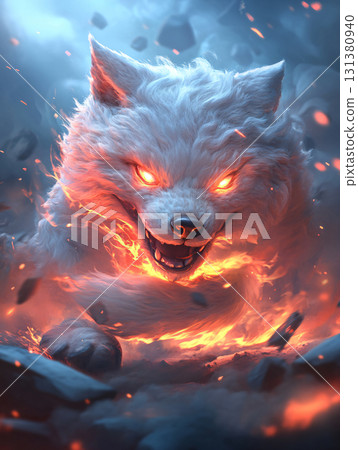 Fantasy-themed artwork of a legendary white wolf with glowing fire energy. wisdom, and supernatural energy. AI Generated. 131380940