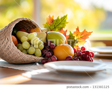 Wicker basket with different fresh vegetables, fruits and autumn leaves on sunlight background. AI Generated. 131381125