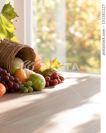 Warm autumn vibes. Fruits and Vegetables on rustic wood. Autumn background for Thanksgiving. AI Generated. 131381127
