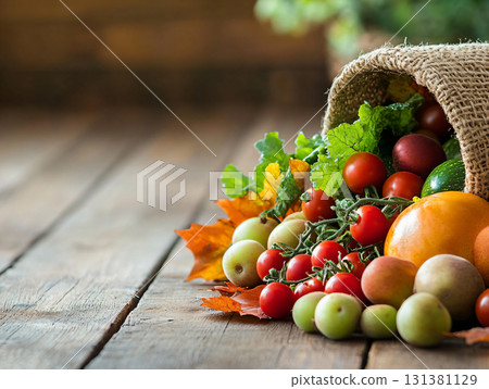 Warm autumn vibes. Fruits and Vegetables on rustic wood. Autumn background for Thanksgiving. AI Generated. 131381129
