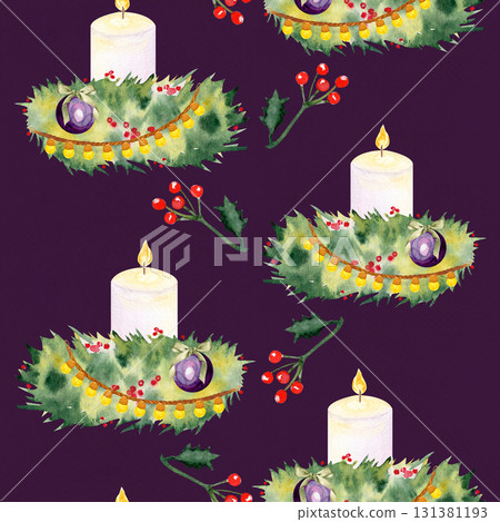 Candles, holly, pine branches, berries, baubles watercolor seamless Christmas pattern on purple. Ideal for wrapping paper, festive textiles, greeting cards, invitations, holiday decor projects Candles, holly, pine branches, berries, baubles watercolor seamless Christmas pattern on purple. Ideal for wrapping paper, festive textiles, greeting cards, invitations, holiday decor projects 131381193