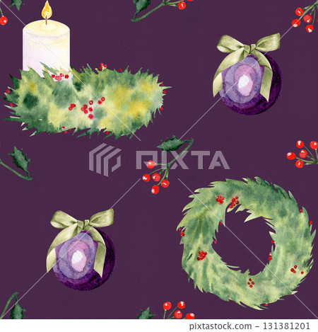 Candles, holly berries, pine wreaths, baubles watercolor seamless pattern on dark background. Ideal for wrapping paper, festive textiles, greeting cards, invitations, holiday decor projects. Christmas Candles, holly berries, pine wreaths, baubles watercolor seamless pattern on dark background. Ideal for wrapping paper, festive textiles, greeting cards, invitations, holiday decor projects. Christmas 131381201