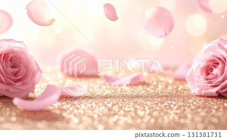 粉紅金色閃閃發光的花瓣背景插圖 131381731