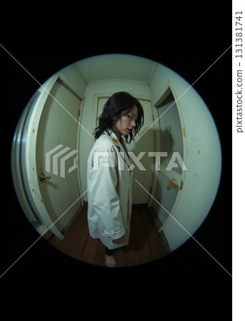 Stalker of young woman seen through peephole 131381741