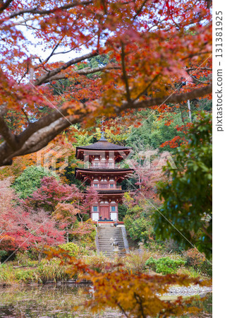 Three-storied pagoda and autumn leaves of Joruri-ji Temple in Kyoto Three-storied pagoda and autumn leaves of Joruri-ji Temple in Kyoto 131381925