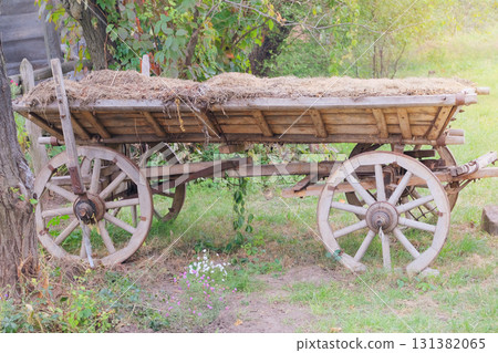Rural transport in nature landscape. Old wooden cart. Sunny day. Aged wooden wagon 131382065