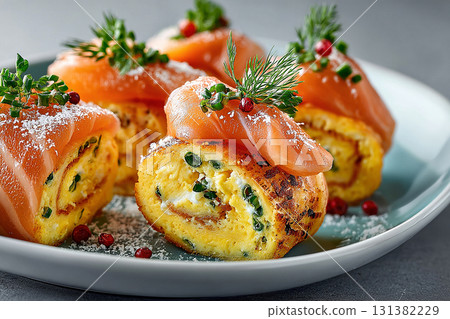 Bright, fresh and well-styled. Gourmet high-protein breakfast. Premium Hotel breakfast. Breakfast sushi: scrambled eggs and smoked salmon rolls. Viral food trend. Bright, fresh and well-styled. Gourmet high-protein breakfast. Premium Hotel breakfast. Breakfast sushi: scrambled eggs and smoked salmon rolls. Viral food trend. 131382229