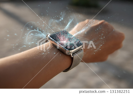 A smart watch with a metal bracelet on a woman's hand emits magnetic digital waves. A smart watch with a metal bracelet on a woman's hand emits magnetic digital waves. 131382251