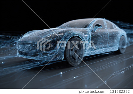Digital neon lines create the silhouette of a modern car. Artificial intelligence digitizes and analyzes the electric vehicle. 131382252