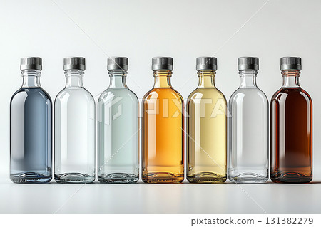 Disinfectant glass bottles in a row. Mockup for branding cleaning product. Shiny surfaces. Commercial use. Disinfectant glass bottles in a row. Mockup for branding cleaning product. Shiny surfaces. Commercial use. 131382279