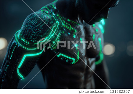Cyberman. An African American man's torso is covered in digital neon lines. The implantation of technology into the human body. 131382297