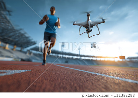 A drone flies ahead of a runner running at a sports stadium, filming him. 131382298