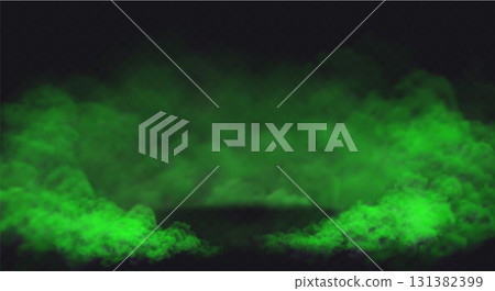 Green Smoke effect on transparent dark background. Fog cloud above the floor surface with an empty spot 131382399