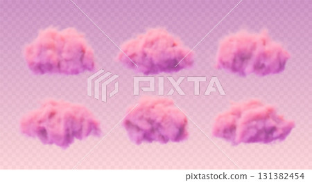 3d realistic pink sunset cotton cloud set on transparent background. Fluffy vector smoke. 131382454