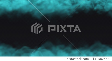 Blue Fog effect on the upper and lower border on transparent dark background. Vector smoke cloud. 131382568