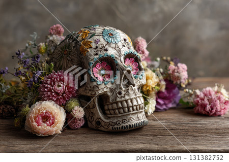 A decorative female skeleton is painted and decorated with flowers. The skull stands on a wooden stand. Day of the Dead. 131382752
