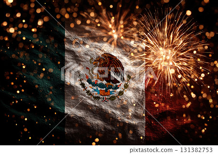 Mexican Independence Day. Double exposure. Mexican flag and fireworks. 131382753