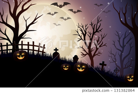 Halloween night background with pumpkins, bats, graveyard and full moon 131382864