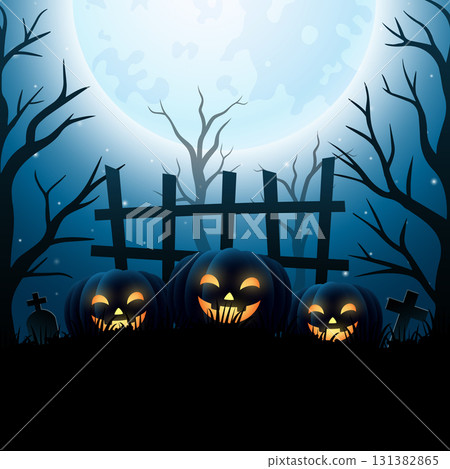 Halloween background with pumpkins, cemetery and full moon 131382865