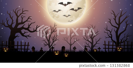 Halloween night background with scary pumpkins, bats and full moon Halloween night background with scary pumpkins, bats and full moon 131382868