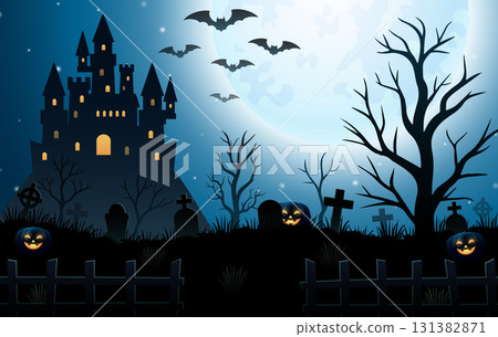 Halloween night background with castle, graveyard and full moon Halloween night background with castle, graveyard and full moon 131382871