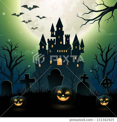 Halloween background with castle, pumpkins, cemetery and full moon Halloween background with castle, pumpkins, cemetery and full moon 131382925