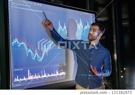 Statistics on the screen. Business coach against projector with data Statistics on the screen. Business coach against projector with data 131382973