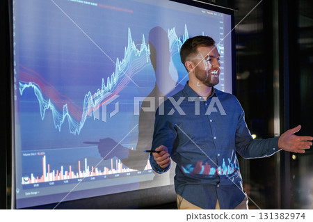 Statistics on the screen. Business coach against projector with data Statistics on the screen. Business coach against projector with data 131382974
