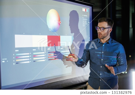 Professional trainer. Business coach against projector with data 131382976