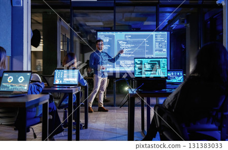 Talking about project. Male business trainer is against projector with data, teaching people 131383033