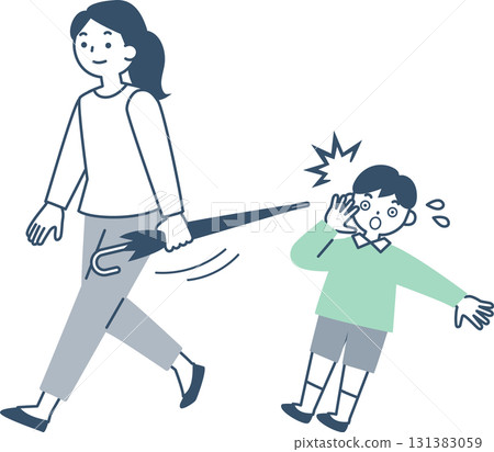 A woman walking while holding an umbrella in a dangerous way 131383059