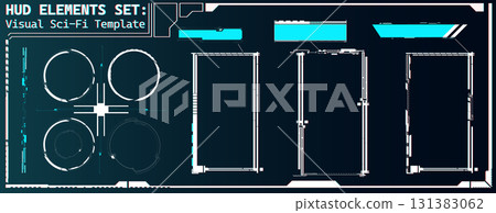 This graphic showcases various sci-fi HUD elements in a digital design template, ideal for game or film projects. The layout features circles and rectangular shapes with a sleek, modern style. This graphic showcases various sci-fi HUD elements in a digital design template, ideal for game or film projects. The layout features circles and rectangular shapes with a sleek, modern style. 131383062