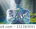 A female humanoid is offering flowers 131383091