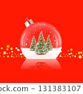 Christmas ball ornament with snowy trees inside on red background. Stock photo. 131383107