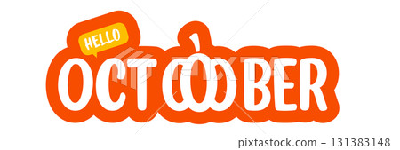 Hello October text with pumpkin isolated on transparent background. Hello October orange sticker png, label png, banner, poster design template. Cartoon illustration Hello October text with pumpkin isolated on transparent background. Hello October orange sticker png, label png, banner, poster design template. Cartoon illustration 131383148