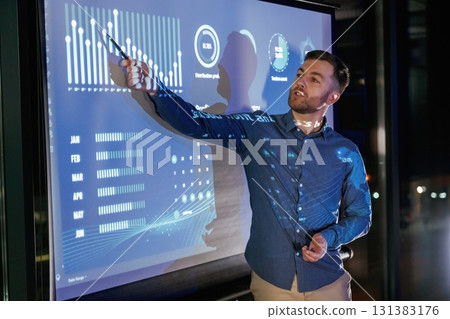 Statistics on the screen. Business coach against projector with data 131383176