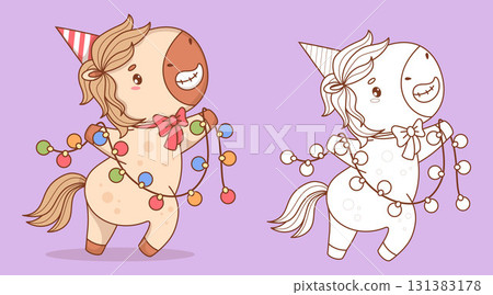Happy Pony in Birthday Cap with Garland. Coloring book. Color and Outline Line drawing Funny Holiday cartoon kawaii animal. Vector illustration. 2026 Horse Eastern calendar, Horse symbol year. Not AI 131383178