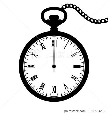 Black and white illustration of a retro pocket watch 131383212