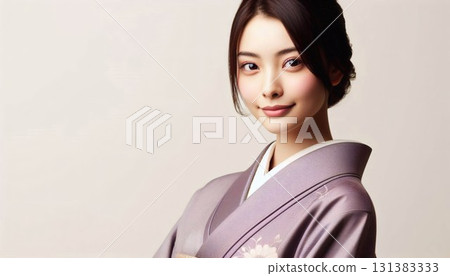 The charm of Japanese clothing: A close-up of a Japanese woman in a subdued purple kimono 131383333