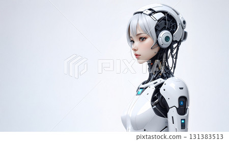 女性側面的AI圖像插圖，可愛的白色服裝動漫風格背景素材 131383513