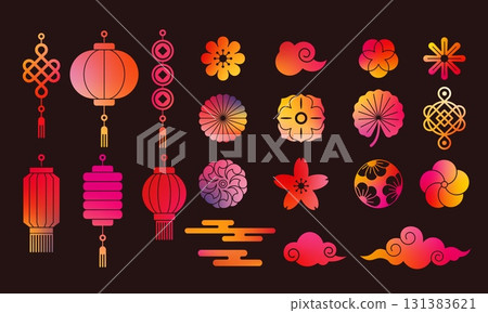 Chinese New Year. Color gradient element. Oriental lantern. Sky clouds. Sakura flowers. Lunar flat symbols. Japanese pattern. Eastern ribbon knot. Japanese lamp design. Vector graphic Asian icons set Chinese New Year. Color gradient element. Oriental lantern. Sky clouds. Sakura flowers. Lunar flat symbols. Japanese pattern. Eastern ribbon knot. Japanese lamp design. Vector graphic Asian icons set 131383621