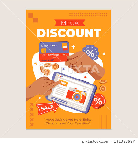 Promotional Poster Design Featuring Mega Discounts and Online Shopping Concept 131383687