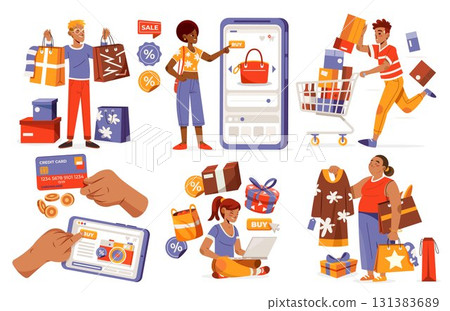 Modern Flat Illustrations Set of Consumerism and Online Shopping Habits Modern Flat Illustrations Set of Consumerism and Online Shopping Habits 131383689