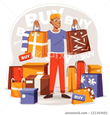 Character Composition Illustrations Showing Shoppers with Bags and Online Purchases 131383693