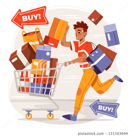 Modern Flat Composition of Consumerism with Carts, Credit Cards, and Discounts 131383694
