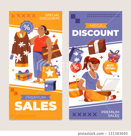 Vertical Banner Illustrations Depicting Consumerism and Premium Sale Promotions 131383695
